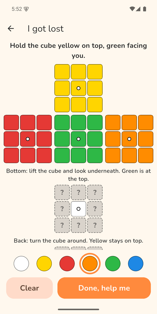 Entering the colors of a half-solved cube